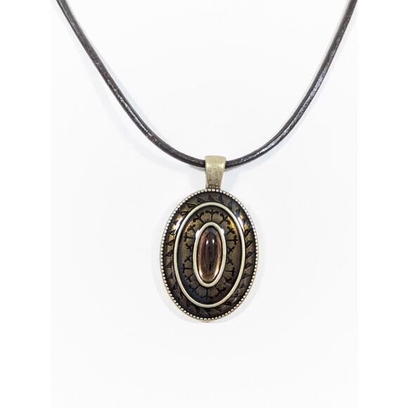 Lia Sophia Jewelry - Lia Sophia Brown‎ Enamel Oval Pendant Cord Necklace Boho Western 20"